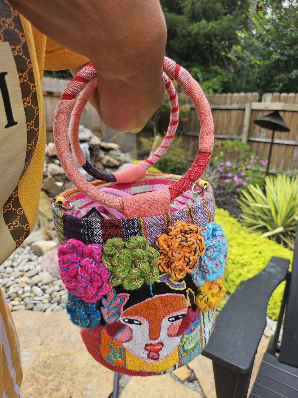 Colorful Handcrafted Crochet Floral Bucket Bag with Embroidered Face